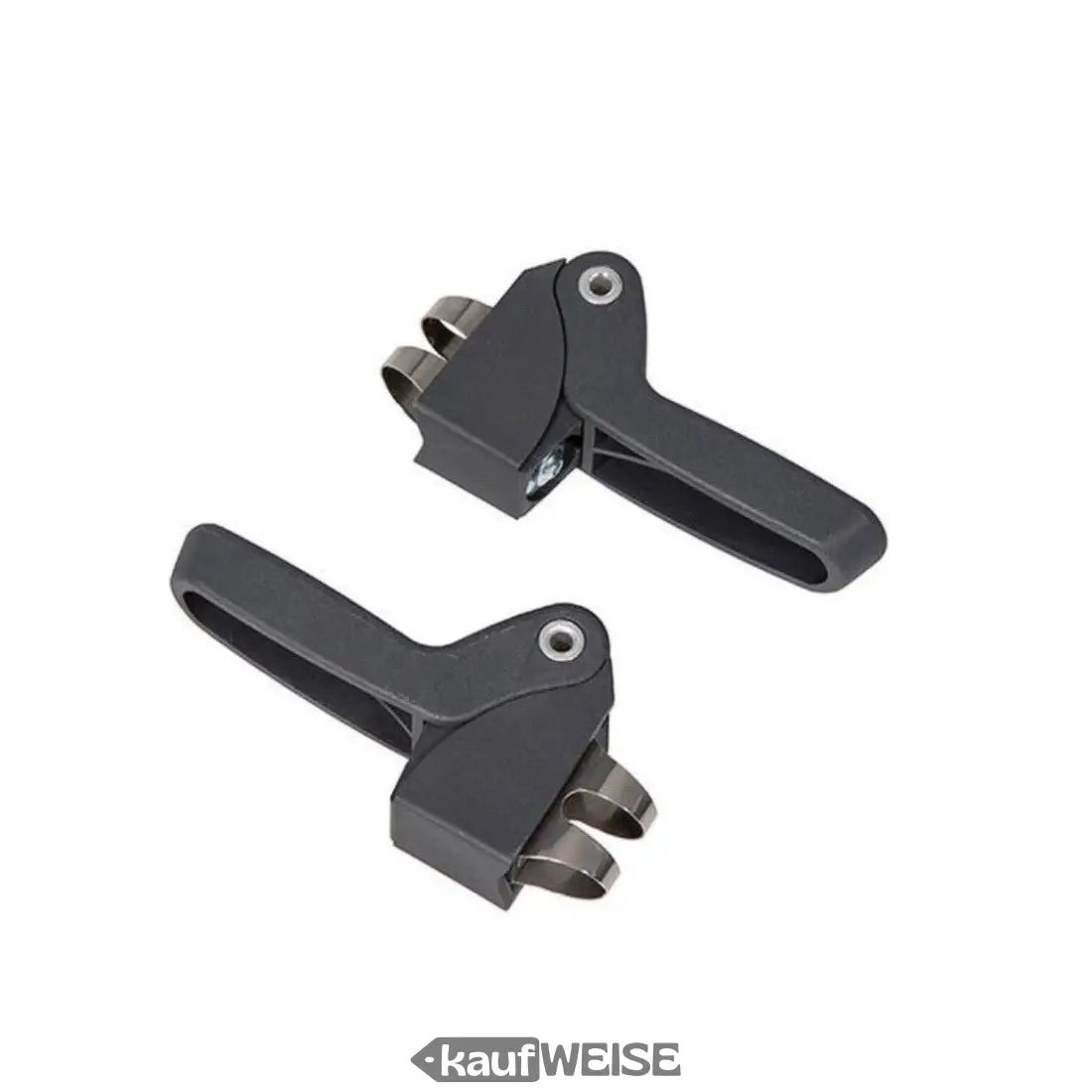 Zwei schwarze Kunststoff Schnellverschlusshandgriffe mit Metallhaken für Qibbel Junior 6+