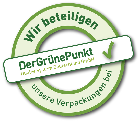 Mit diesem Logo möchten wir zeigen, dass wir Kunde bei Der Grüne
Punkt – Duales System Deutschland GmbH sind und unsere
Verkaufsverpackungen für Deutschland am dualen System "Der
Grüne Punkt" beteiligen.