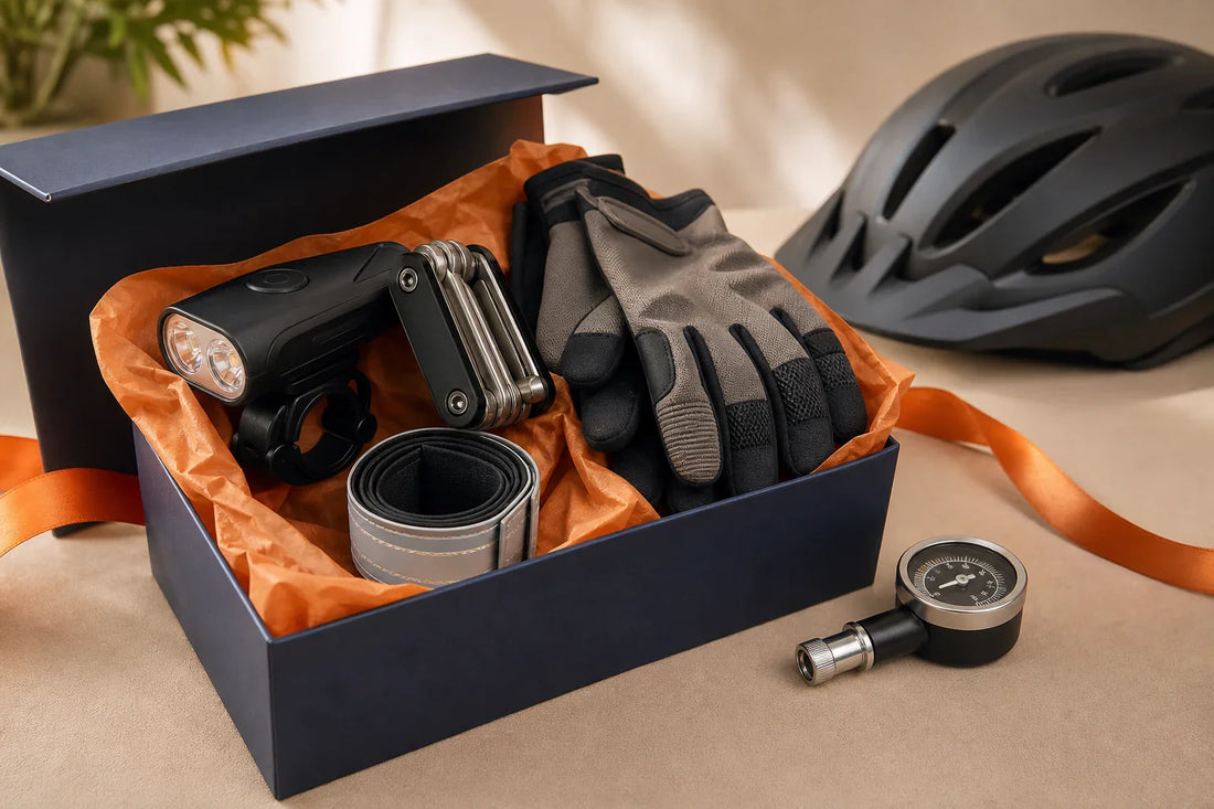Geschenkbox mit Fahrradlicht, Multitool, Handschuhen, Reflexband und Reifendruckmesser