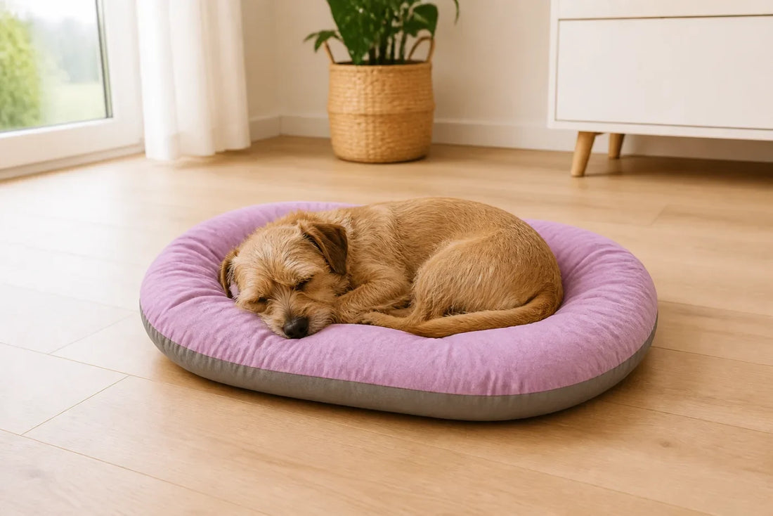Kleiner Hund schläft eingerollt auf einem ovalen Hundekissen in Rosa