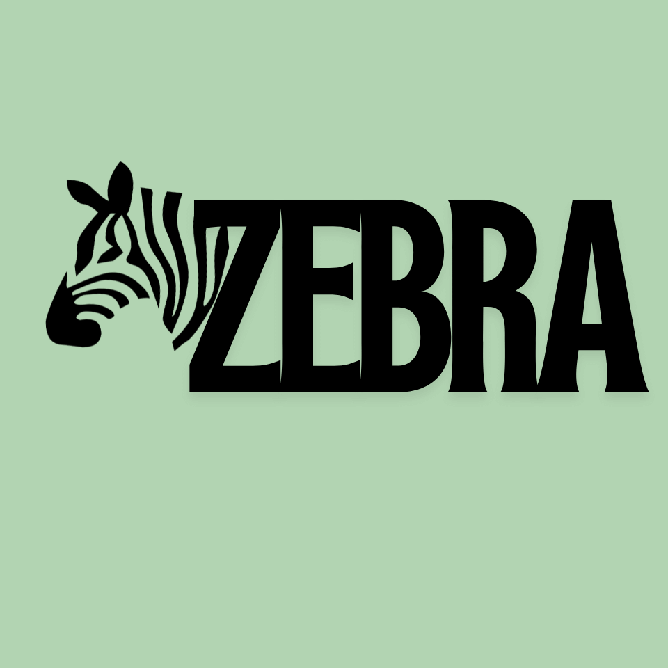 Stilisierter Text mit der Schreibweise „ZEBRA“ mit der Silhouette eines Zebrakopfes, der in das „Z“ auf einem hellgrünen Hintergrund integriert ist.