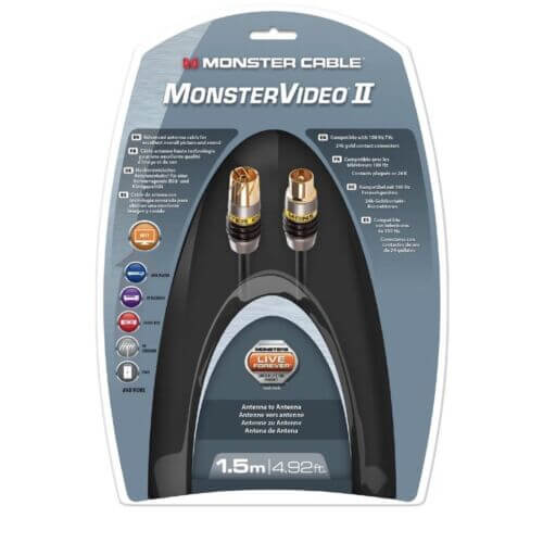 Verpackung für das Monster VIDEO II Antennenkabel von Monster Cable Products, Inc. – 1,5 Meter (4,92 Fuß) doppelt geschirmtes Kabel mit vergoldeten Anschlüssen. Die Blisterverpackung hebt kompatible Geräte wie HD-TV und UHD-TV hervor, zusammen mit verschiedenen Produktmerkmalen und Vorteilen. Das Kabel ist speziell für Antennen-zu-Antenne-Verbindungen konzipiert.