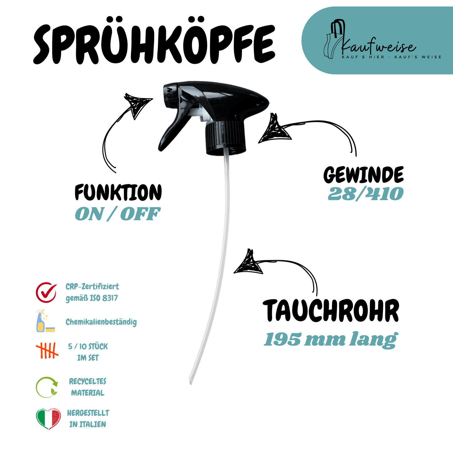 Bild einer schwarzen Sprühflaschendüse mit langem Schlauch. Der umgebende Text enthält Anweisungen und Produktdetails in deutscher Sprache, wie „ON/OFF“, „28/410 Gewinde“, „195 mm lang“ und Hinweise zur CRP-Zertifizierung, Chemikalienbeständigkeit und dass das Produkt in Italien hergestellt wird. Oben rechts befindet sich das Kaufweise-Logo. Das Produkt ist als Sprühkopf Set 5 Stk – 28/410, Chemikalienbeständig, CRP, für 500 ml / 1 L gekennzeichnet.