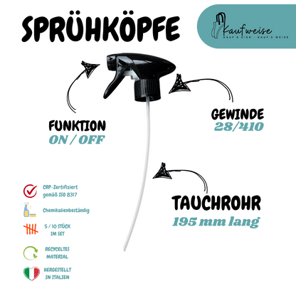 Bild einer schwarzen Sprühflaschendüse mit langem Schlauch. Der umgebende Text enthält Anweisungen und Produktdetails in deutscher Sprache, wie „ON/OFF“, „28/410 Gewinde“, „195 mm lang“ und Hinweise zur CRP-Zertifizierung, Chemikalienbeständigkeit und dass das Produkt in Italien hergestellt wird. Oben rechts befindet sich das Kaufweise-Logo. Das Produkt ist als Sprühkopf Set 5 Stk – 28/410, Chemikalienbeständig, CRP, für 500 ml / 1 L gekennzeichnet.