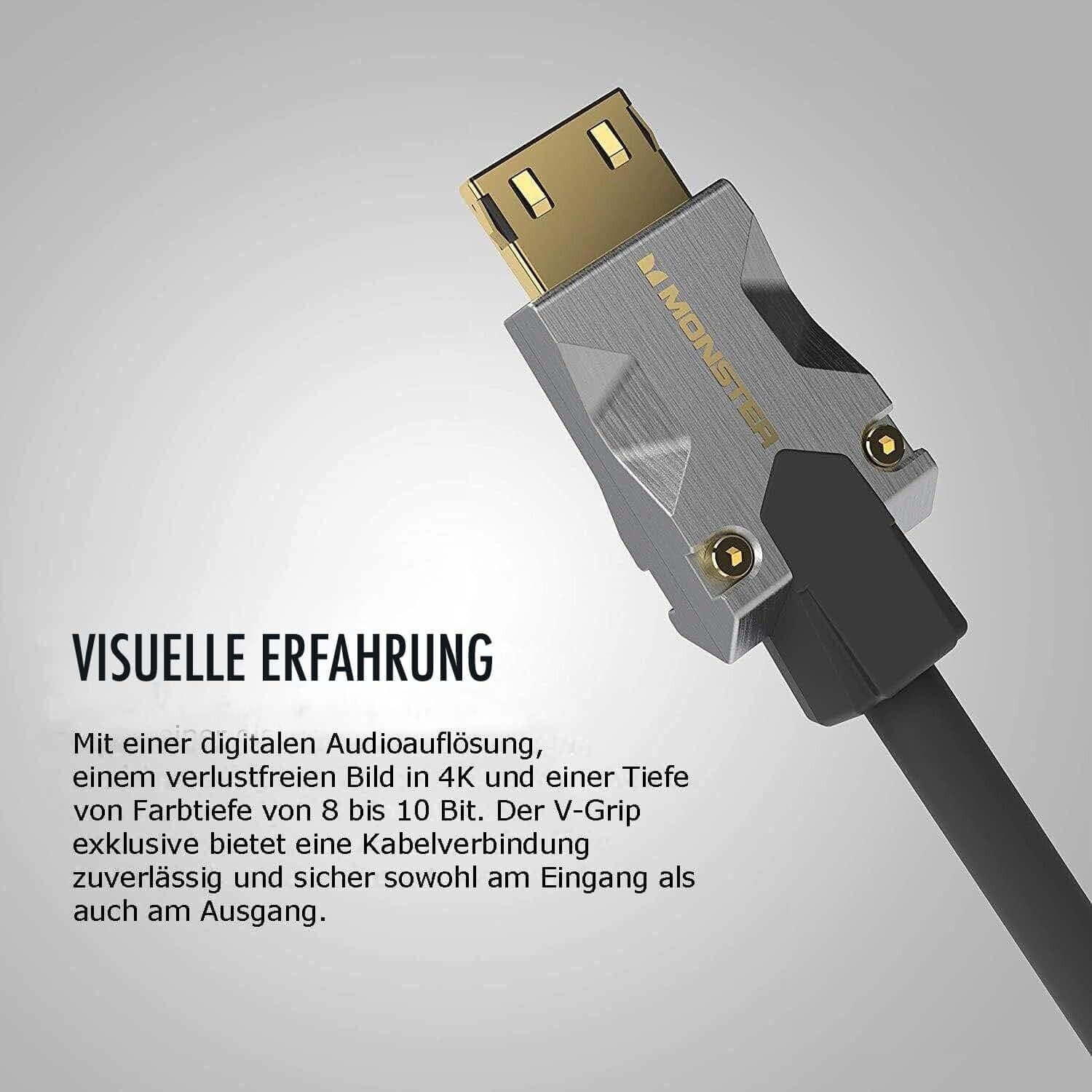 Das Bild zeigt das Monster M1000 HDMI Kabel - 3 m, ein Premium-HDMI-2.0-Kabel von Monster Cable Products, Inc., mit einem metallischen Stecker und dem Text „VISUELLE ERFAHRUNG“. Die Beschreibung hebt die Unterstützung für Ultra HD 4K-Auflösung und eine Farbtiefe von 8 bis 10 Bit hervor. Außerdem verfügt es über einen V-Grip, der zuverlässige Verbindungen an Eingang und Ausgang mit einer Übertragungsrate von 22,5 Gbit/s gewährleistet.