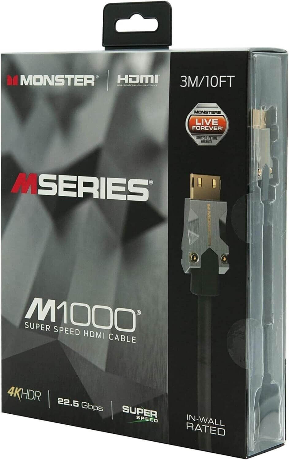 Bild der Produktverpackung des M1000 HDMI-Kabels von Monster Cable Products, Inc, Teil der „M-Serie“. Das Kabel ist 3 Meter (10 Fuß) lang und verfügt über Premium HDMI 2.0-Funktionen, die Ultra HD 4K HDR und Ethernet unterstützen, eine beeindruckende Geschwindigkeit von 22,5 Gbit/s und In-Wall-Bewertung bieten. Auf der Verpackung befindet sich außerdem ein „Live Forever“-Garantieaufkleber.