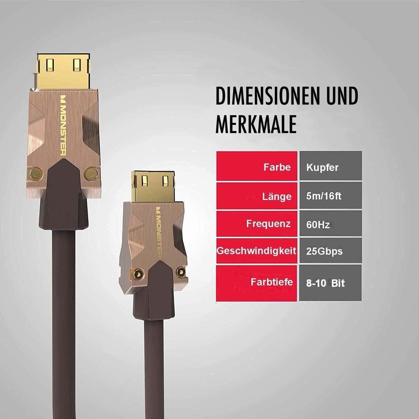 Ein Bild eines Monster HDMI-Kabels M2000 von Monster Cable Products, Inc. mit Angaben in deutscher Sprache. Die Angaben umfassen Farbe (Kupfer), Länge (5 m), Frequenz (60 Hz), Geschwindigkeit (25 Gbps) und Farbtiefe (8-10 Bit). Dank UHD 4K- und HDR10+-Unterstützung ist dieses Kabel ideal für erstklassige Videoqualität. Der Hintergrund ist ein Grauverlauf.