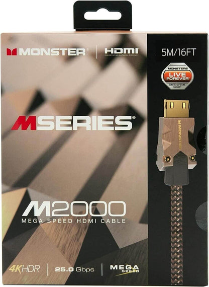 Das Bild zeigt die Einzelhandelsverpackung eines Monster HDMI-Kabels. Auf der Verpackung steht, dass das Kabel von Monster Cable Products, Inc. stammt und als M2000 Mega Speed HDMI-Kabel gekennzeichnet ist. Es ist 5 Meter (16 Fuß) lang, unterstützt UHD 4K HDR10+-Auflösung, bietet eine Geschwindigkeit von 25 Gbps und verfügt über die „Mega Speed“-Technologie.