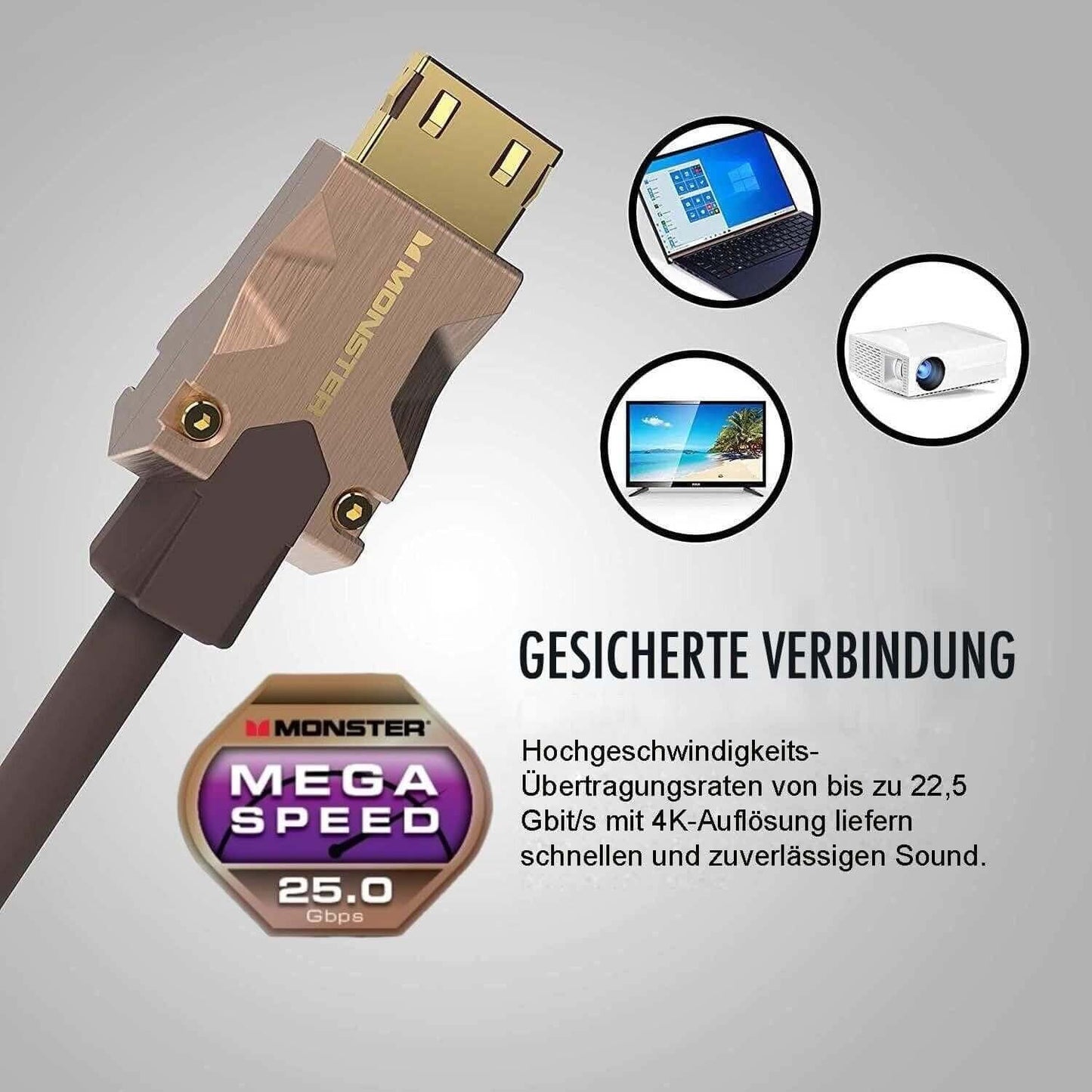 Nahaufnahme des Monster HDMI-Kabels M2000 mit vergoldetem Stecker auf der linken Seite. Der Text neben dem Kabel lautet „GESICHERTE VERBINDUNG“ und hebt Hochgeschwindigkeitsübertragungsraten von bis zu 25 GBPS, UHD 4K-Qualität und HDR10+-Unterstützung hervor. Bilder von einem Laptop, einem Projektor und einem Fernseher werden in Kreisen angezeigt.