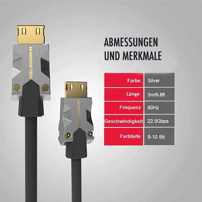 Ein Bild, das ein Monster Cable Products, Inc. Monster M1000 HDMI-Kabel vor einem grauen Hintergrund zeigt. Das Kabel ist mit einem silber-schwarzen Stecker verbunden. Neben dem Kabel stehen die Spezifikationen in Deutsch: Länge (3m/9.8ft), Frequenz (60Hz), 22,5 Gbit/s Übertragungsrate, Geschwindigkeit (22,5Gbps) und Farbtiefe (8-10 Bit).