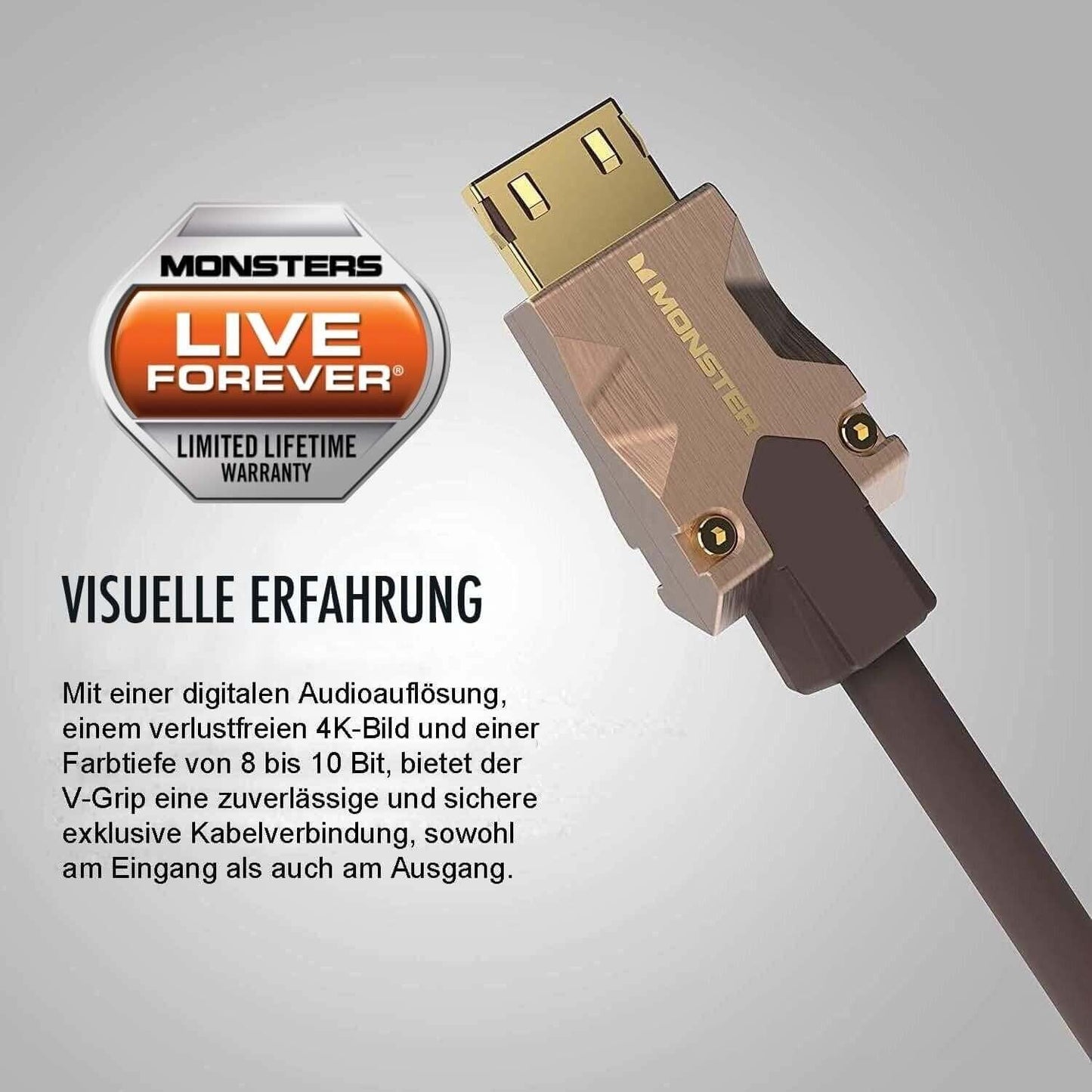 Das Monster HDMI-Kabel M2000 - 5 m ist prominent in der Bildmitte abgebildet. Der Text links lautet: „Monsters Live Forever Limited Lifetime Warranty. Visuelle Erfahrung.“ Zusätzlicher Text in deutscher Sprache beschreibt die UHD 4K- und HDR10+-Qualität und die Funktionen des Kabels, einschließlich seiner beeindruckenden Datenübertragungsrate von 25 GBPS. Der Hintergrund ist hellgrau.