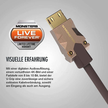 Das Monster HDMI-Kabel M2000 - 5 m ist prominent in der Bildmitte abgebildet. Der Text links lautet: „Monsters Live Forever Limited Lifetime Warranty. Visuelle Erfahrung.“ Zusätzlicher Text in deutscher Sprache beschreibt die UHD 4K- und HDR10+-Qualität und die Funktionen des Kabels, einschließlich seiner beeindruckenden Datenübertragungsrate von 25 GBPS. Der Hintergrund ist hellgrau.