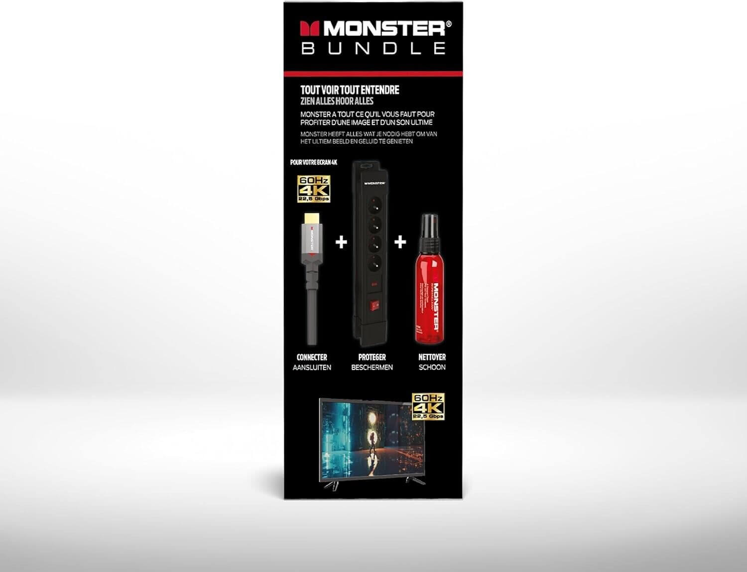 Kaufweise Monster Premium Bundle: 4K HDMI Kabel, ScreenClean & Steckdosenleiste package includes a connector adaptor, screen protector, and screen cleaner liquid, supporting 8K and 4K displays.