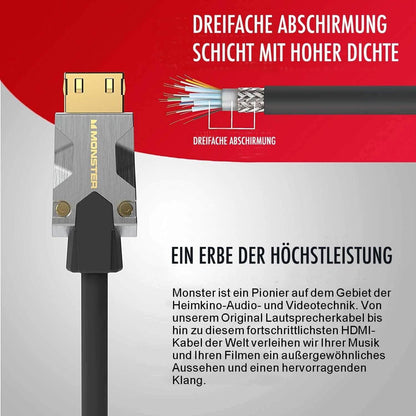 Ein Bild eines Monster M1000 HDMI-Kabels von Monster Cable Products, Inc. mit Diagrammen, die seine dreifache Abschirmung und die hochdichten Schichten zeigen. Der deutsche Text hebt die fortschrittliche Audio-Video-Technologie des Kabels, die überlegene Leistung in Heimkinos und die außergewöhnliche Qualität für Ultra HD 4K- und HDR10-Filme hervor.