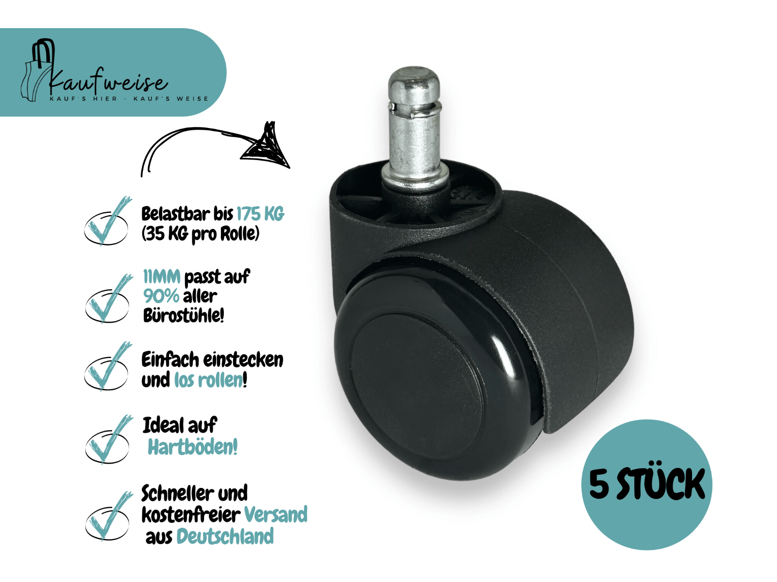 Die 5 Stück Bürostuhlrollen von Kaufweise sind mit 11 mm x 22 mm großen Beschlägen kompatibel. Sie sind für Hartboden konzipiert, tragen bis zu 175 kg und sind innerhalb Deutschlands versandkostenfrei.