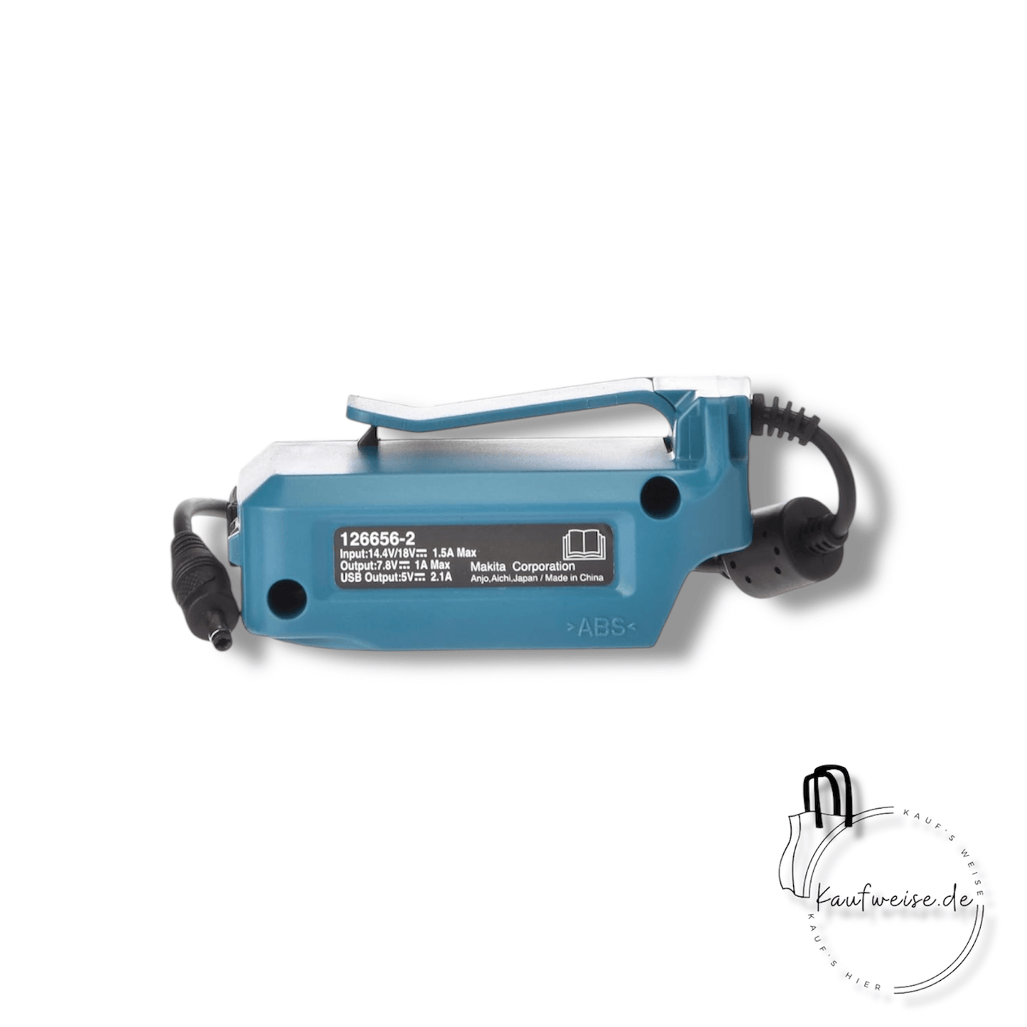 Der Makita LXT®-Stromquellenadapter, Modell 198634-2, ist eine blaue 18-V-USB-Stromquelle mit Kabel und Stecker für die einfache Verwendung.