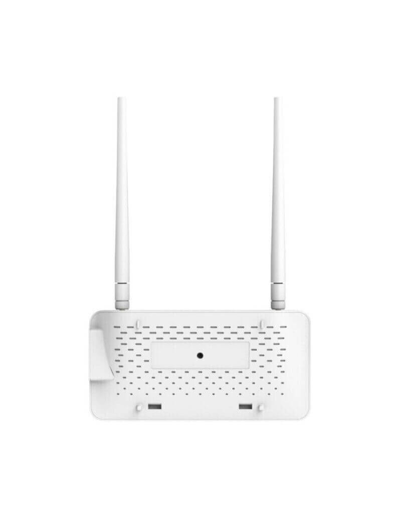 Ein weißer WLAN-Router mit zwei nach oben gerichteten Antennen, der dem eleganten Hoymiles DTU-Pro-S WiFi-Überwachungsmodul für HMT- und HMS-Mikro-Wechselrichter ähnelt. Sein perforiertes Design mit kleinen Öffnungen darunter unterstützt die Belüftung. Der schlichte weiße Hintergrund unterstreicht seine minimalistische Eleganz.