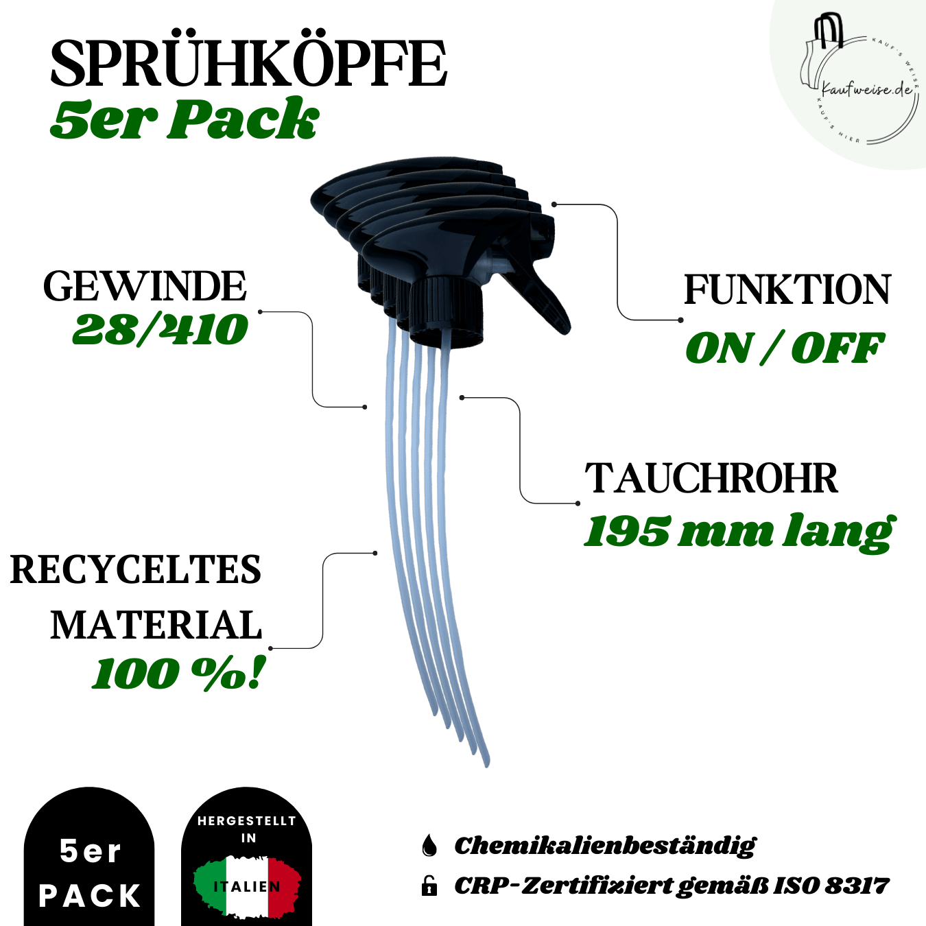 Werbegrafik in Deutsch für das Kaufweise Sprühkopf Set 5 Stk - 28/410, für 500ml/1L. Zu den Highlights gehören ein 28/410-Gewinde, bestehend aus 100% recyceltem Material, eine Tauchrohrlänge von 195mm, eine EIN/AUS-Funktion, chemische Beständigkeit (chemikalienbeständig) und die Zertifizierung CRP-zertifiziert. Das Siegel weist auf „Made in Italy“ hin, ergänzt durch schwarze Produktbilder.