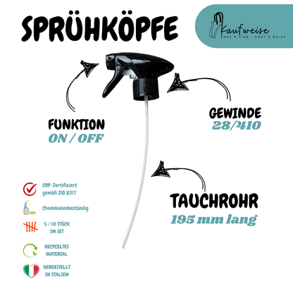 Ein Bild zeigt das Kaufweise Set 10 Stk – Sprühkopf Schwarz Zerstäuber mit den Aufschriften „Sprühköpfe“, „Funktion ON/OFF“, „28/410 Gewinde“ und „Tauchrohr 195 mm lang“. Symbole heben CRP-Zertifizierung, Chemikalienbeständigkeit, umweltfreundliche Materialien und italienische Fertigung hervor.