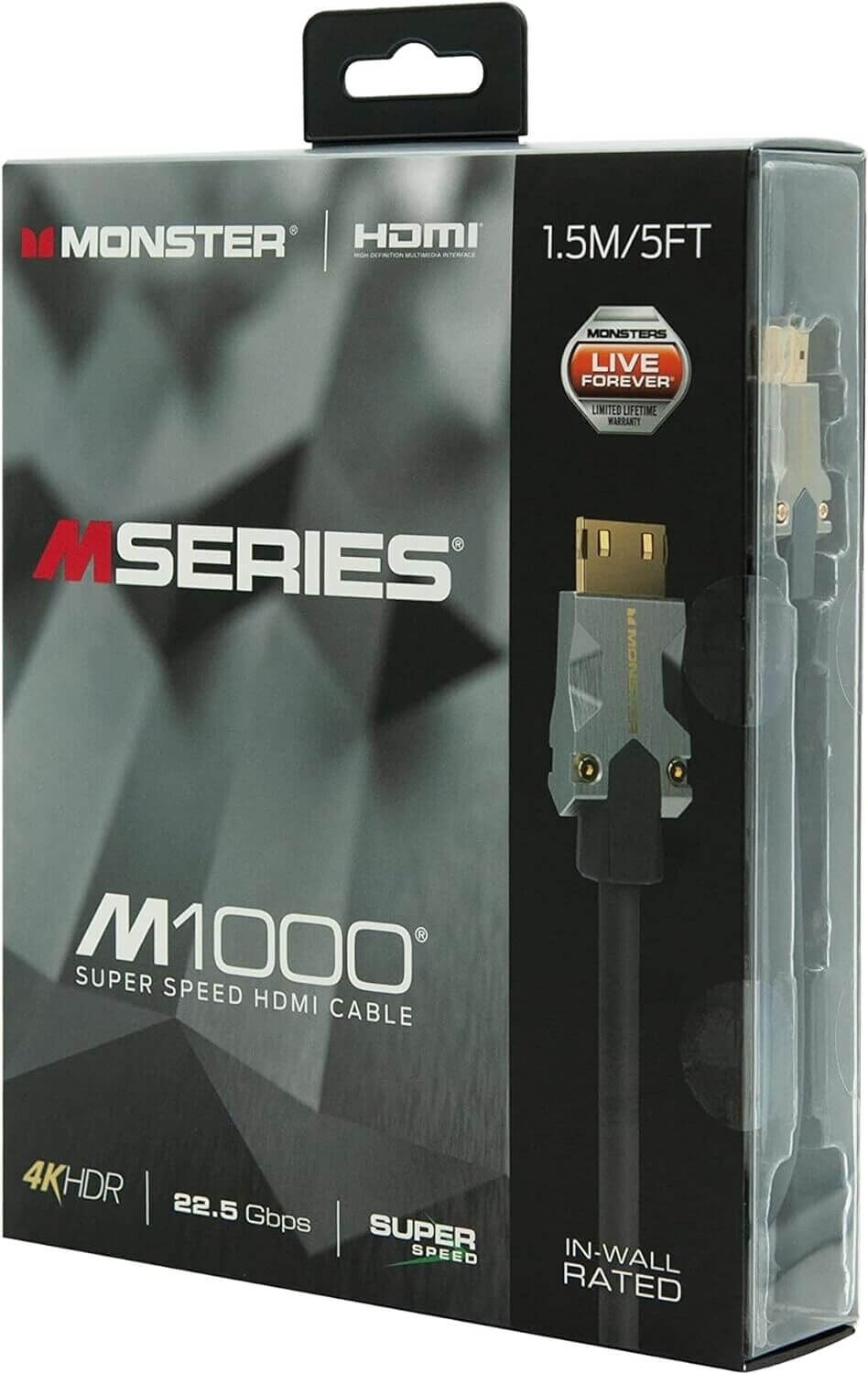 Eine Einzelhandelsverpackung des Monster Cable Products, Inc. Monster M1000 HDMI-Kabels wird gezeigt. Die Box ist in Schwarz und Grau mit roten Akzenten gestaltet. Zu den wichtigsten Details gehören eine Länge von 1,5 Metern (5 Fuß), Premium HDMI 2.0, Ultra HD 4K HDR-Kompatibilität, Ethernet-Unterstützung und eine „In-Wall Rated“-Spezifikation.