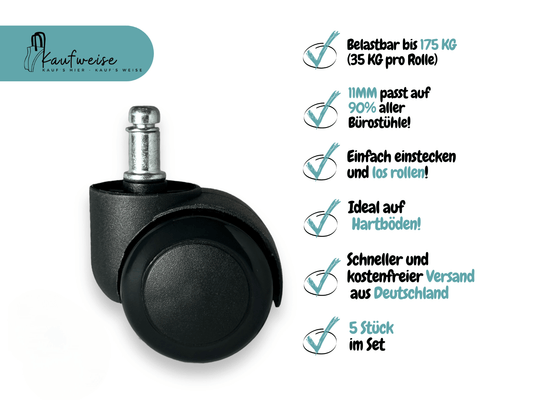 Ein Bild zeigt ein Kaufweise-Rollrad mit Metallschaft. Der deutsche Text hebt die Funktionen hervor: trägt bis zu 175 kg, ist mit 90 % aller Bürostuhlmodelle kompatibel, lässt sich leicht installieren und auf harten Böden rollen und bietet schnellen, kostenlosen Versand innerhalb Deutschlands. Wird in einem Set mit 5 Stuhlrollen geliefert.