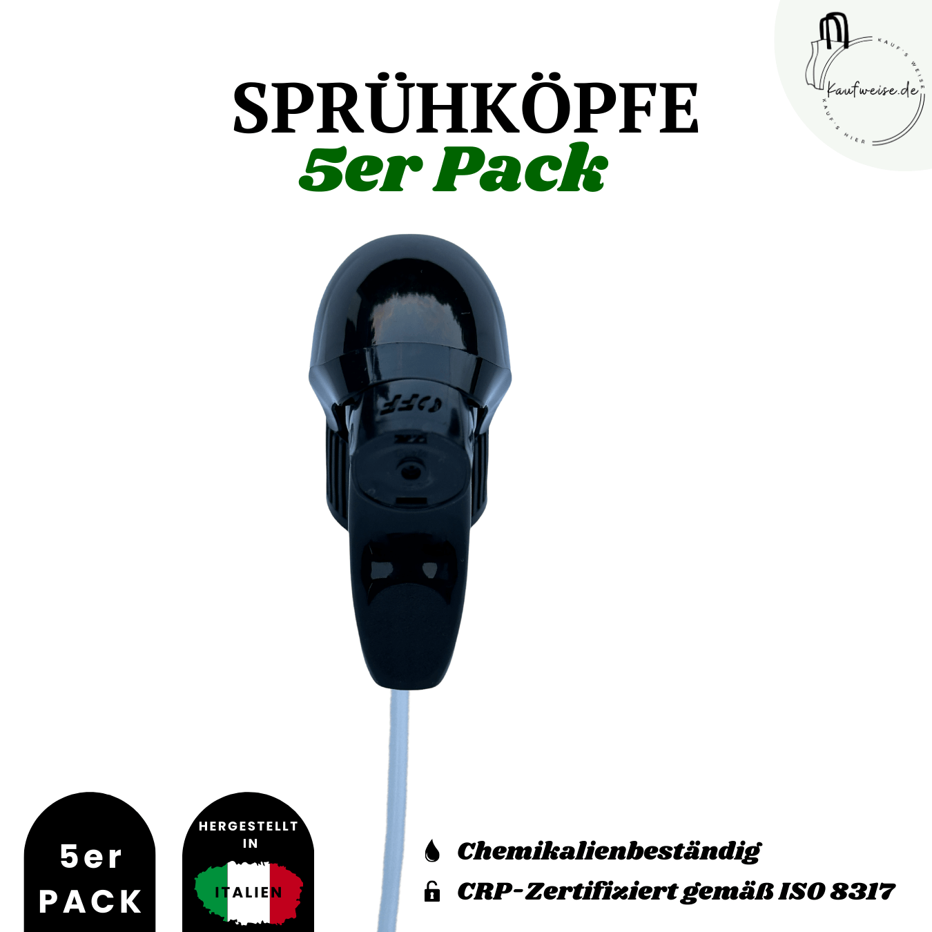 Ein Werbebild für ein „Sprühkopf-Set 5 Stk – 28/410, für 500ml / 1L, Friseurbedarf oder Wasserspray“. Der Sprühkopf wird prominent dargestellt, mit dem Text, der darauf hinweist, dass er chemikalienbeständig und CRP-zertifiziert nach ISO 8317 ist. Auf den Etiketten steht „Made in Italy“ und „5er PACK“. Das Logo „faust-weise.de“ befindet sich in der oberen Ecke. Der Markenname Kaufweise wird ebenfalls angezeigt.