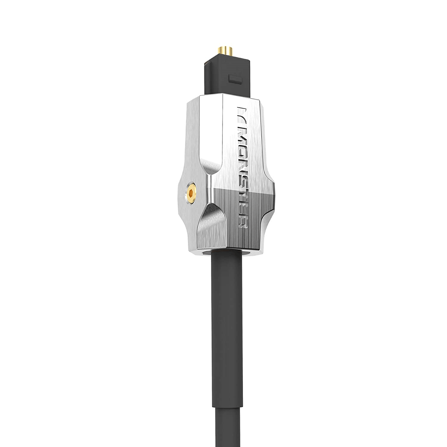 Eine Nahaufnahme eines digitalen Audiokabels mit silbernem Stecker. Der Stecker ist leicht verlängert und trägt den eingravierten Markennamen „Monoprice“. Das schwarze Kabel verläuft nach unten. Dieses Design erinnert an das elegante und moderne Monster M-Serie 1000 Glasfaser Toslink Audiokabel – 3 m von Monster Cable Products, Inc. und ist perfekt für jedes Heimkino-Setup.