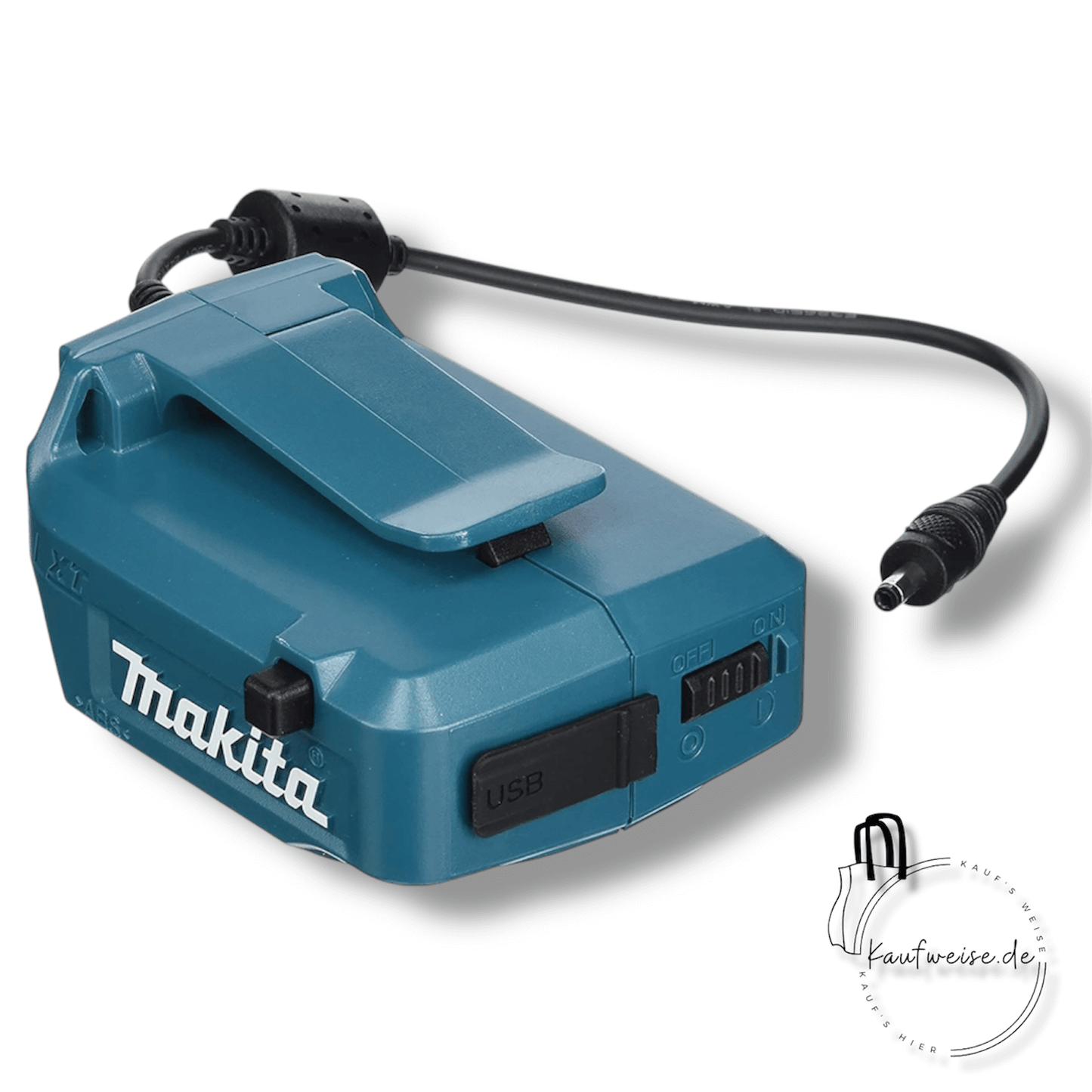 Der Makita LXT® Power Source Adapter ist ein blauer Akkuadapter mit Ladekabel, Ein-/Ausschalter und USB-Anschluss für Elektrowerkzeuge. Mit dem „Thakita“-Logo versehen, eignet er sich ideal für die Makita 18V LXT-Serie als mobile Stromquelle wie den Makita 198634-2.