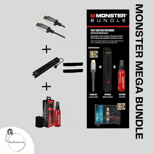 Wir präsentieren das Monster Premium Bundle von Monster Cable Products, Inc.! Dieses umfassende Paket enthält eine Steckdosenleiste, zwei kleine Sprühflaschen, eine Kabelbox und eine Reinigungsbürste. Elegant angeordnet um eine zentrale schwarze Box mit auffälligen roten Akzenten und der Aufschrift „MONSTER BUNDLE“ an der Oberseite, ist es perfekt zur Verbesserung Ihres 8K- oder 4K-120-Hz-TV-Systems.