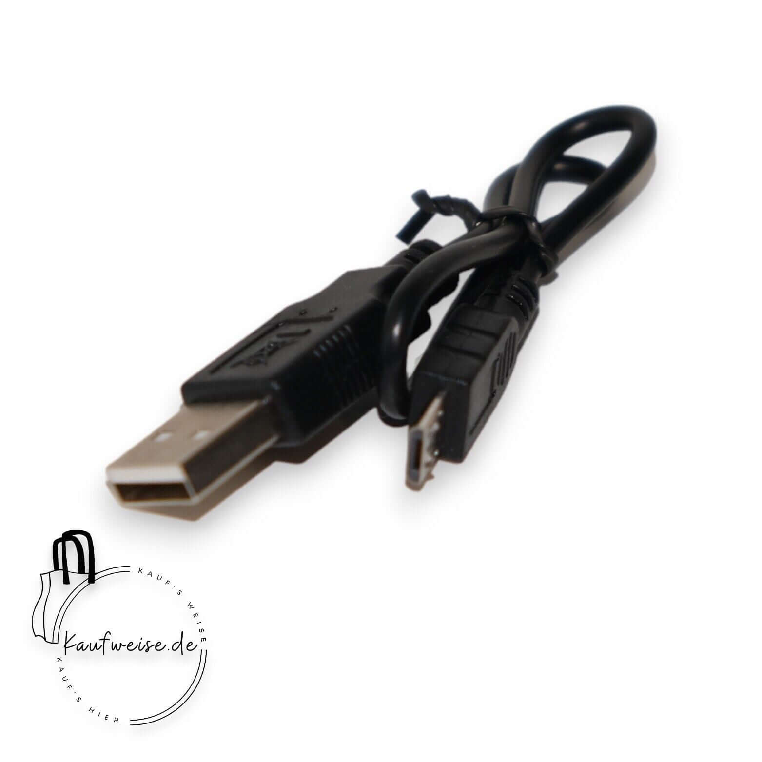 Ein aufgerolltes schwarzes USB 2.0 Typ-A-zu-Mini-USB-Kabel ist ordentlich ausgestellt, wobei beide Anschlüsse deutlich sichtbar sind. Der größere USB Typ-A-Anschluss steht im Kontrast zum kleineren Mini-USB-Anschluss. Vor einem schlichten weißen Hintergrund erscheint das „Kaufweise.de“-Logo in der unteren linken Ecke neben einem Zebra RFD8500-1R-EU RFID Gun Sled-Handheld-Gerät mit UHF- und Bluetooth-Funktionen innerhalb des EU-Frequenzbands.