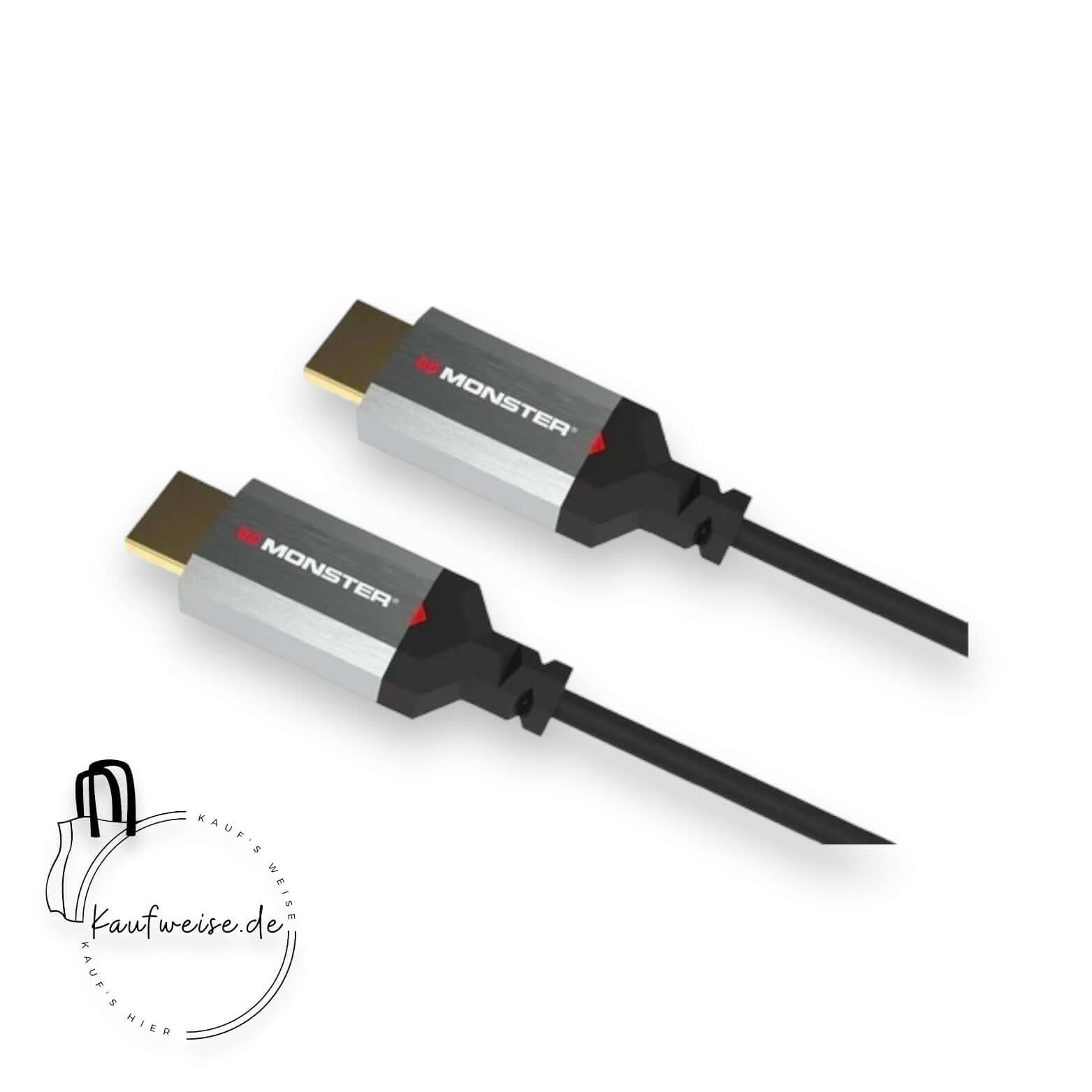 Abgebildet sind zwei Monster Essentials HDMI-Kabel 1,8m von Monster Cable Products, Inc. mit silbernen und schwarzen Steckern. Die Kabelstecker tragen das Monster-Logo und unterstützen hohe Übertragungsraten für 4K Ultra HD-Inhalte. Sie sind auf einem weißen Hintergrund mit einem „kaufweise.de“-Wasserzeichen in der unteren linken Ecke platziert.