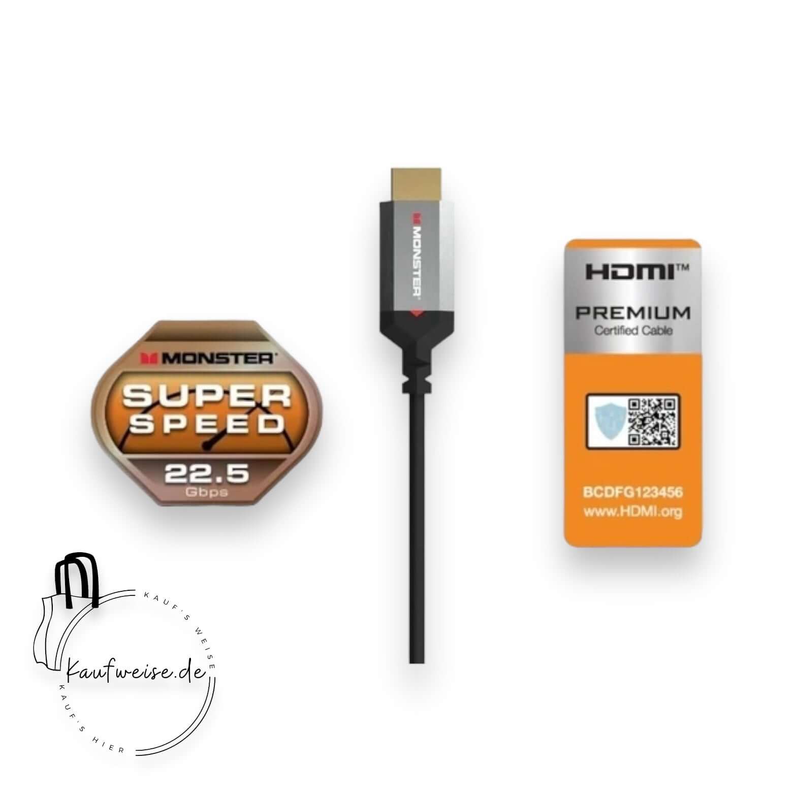 Auf einem vertikalen Display ist das Monster Essentials HDMI-Kabel 1,8m – 4K Ultra HD von Monster Cable Products, Inc. zu sehen. Links ist ein Schild mit der Aufschrift „SUPER SPEED 22,5 Gbps“ zu sehen, während rechts ein Zertifizierungsetikett mit der Aufschrift „HDMI PREMIUM Certified Cable“ mit einem QR-Code und einer ID-Nummer zu sehen ist. Dieses Hochgeschwindigkeitskabel unterstützt 4K Ultra HD für bemerkenswerte Klarheit. Das Logo von kaufweise.de befindet sich in der unteren linken Ecke.