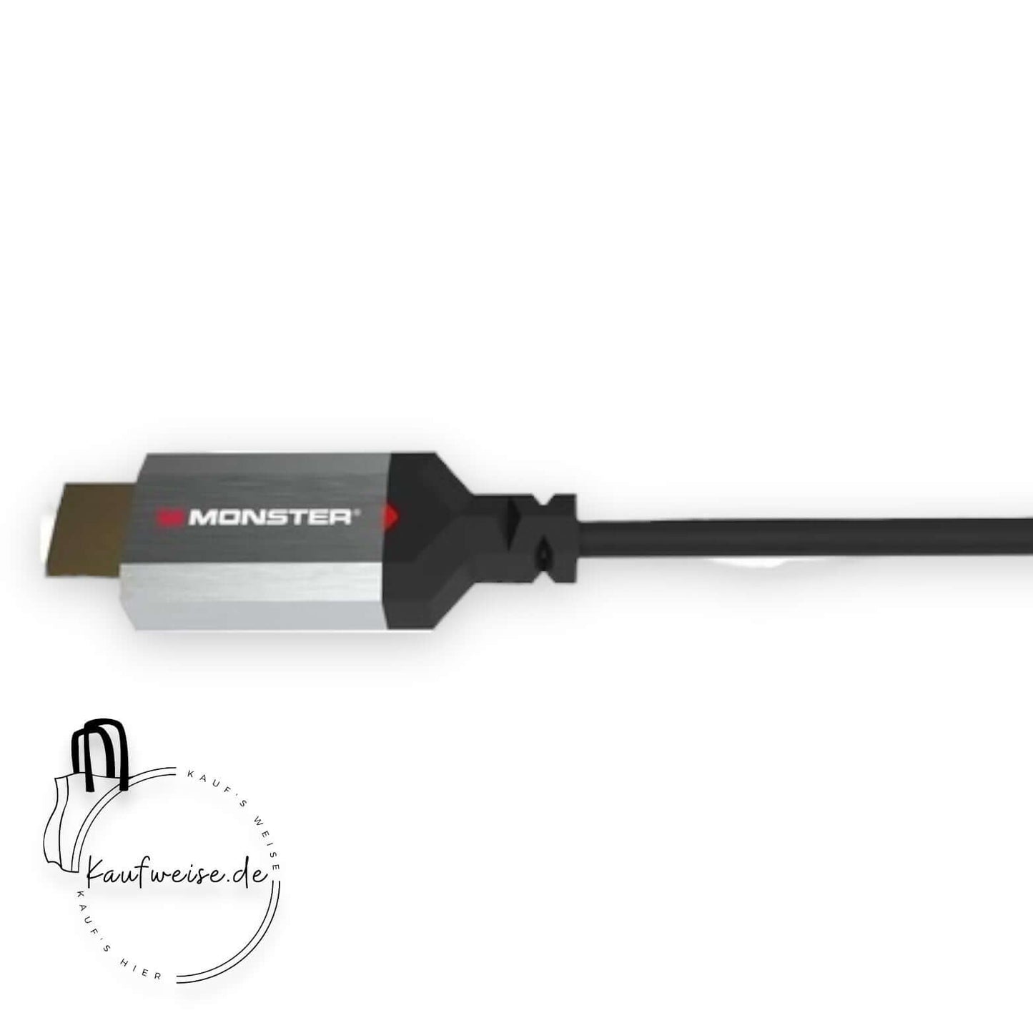 Eine Nahaufnahme eines 1,8 m langen Monster Essentials HDMI-Kabels mit silber-schwarzem Design, auf dem der Markenname „Monster Cable Products, Inc“ steht. Das für 4K Ultra HD und hohe Übertragungsrate konzipierte Kabel ist schwarz. Das Bild enthält ein Wasserzeichen mit dem Text „kaufweise.de“ und ein Einkaufstaschensymbol.