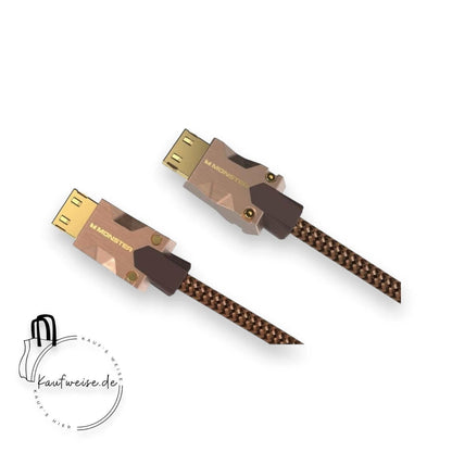 Zwei Monster HDMI-Kabel M2000 von Monster Cable Products, Inc. mit vergoldeten Anschlüssen und braunen geflochtenen Ummantelungen werden ausgestellt. Die Anschlüsse sind mit „MONSTER“ beschriftet. In der linken Ecke ist ein Logo mit dem Text „kaufweise.de“ und einem Einkaufstaschensymbol sichtbar. Diese 3 Meter langen Kabel unterstützen UHD 4K, HDR10+ und Datenübertragungsgeschwindigkeiten von bis zu 25 GBPS. Der Hintergrund ist schlicht weiß.