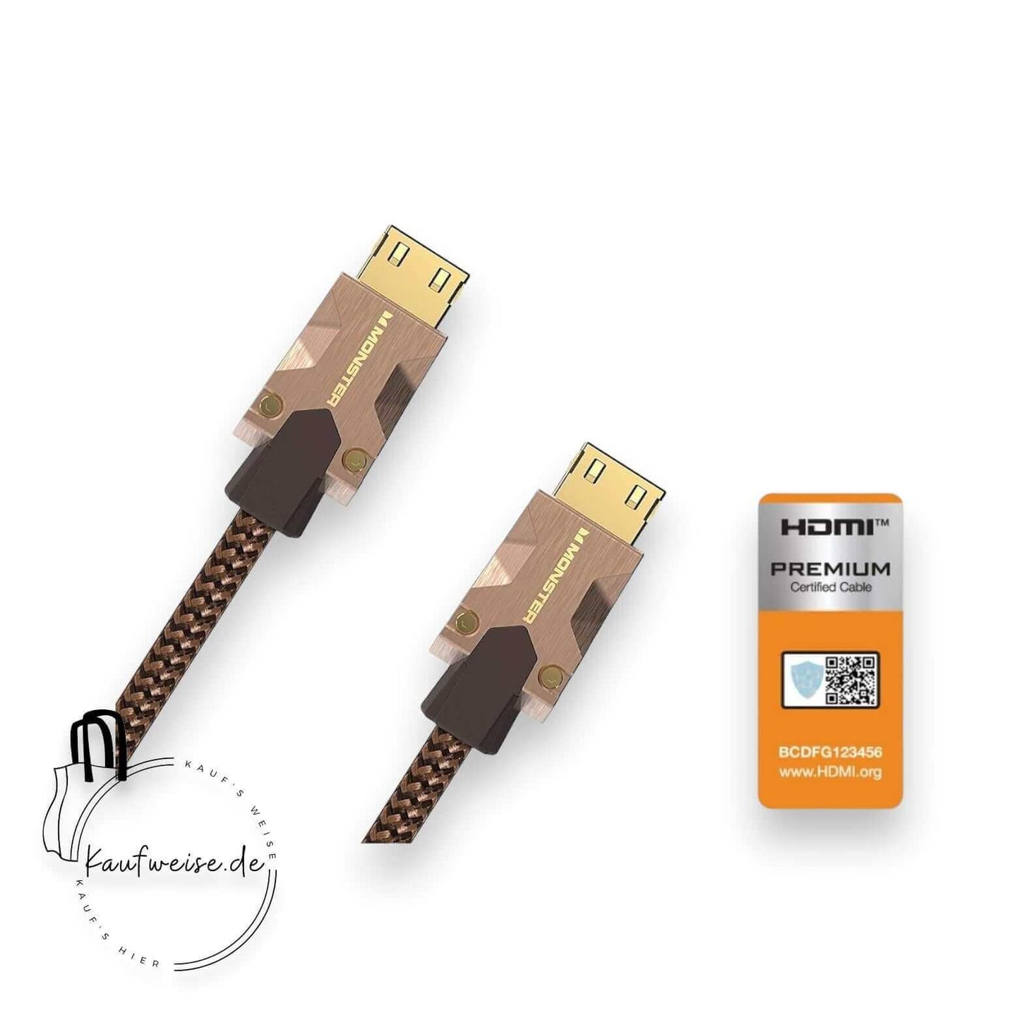 Das Bild zeigt ein Premium-Monster-HDMI-Kabel M2000 von Monster Cable Products, Inc. mit vergoldeten Anschlüssen und einer geflochtenen Außenseite für mehr Langlebigkeit. Dieses 3 Meter lange UHD-4K-Kabel zeigt das HDMI-Logo auf den Anschlussköpfen. Daneben befindet sich ein Zertifizierungsschild mit der Aufschrift „HDMI Premium Certified Cable“ mit HDR10+-Unterstützung, einschließlich QR-Code und Seriennummer.