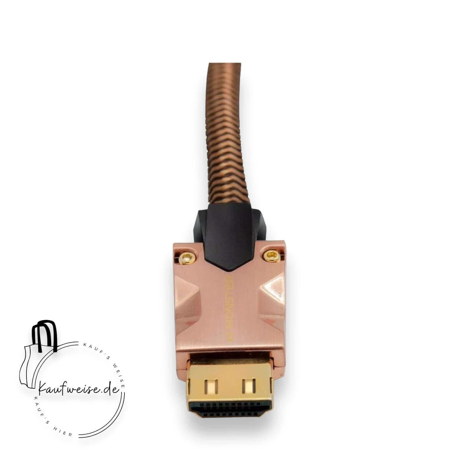 Eine Nahaufnahme des Monster HDMI-Kabels M2000 von Monster Cable Products, Inc., mit einem 3 Meter langen Kabel mit einer kupferfarbenen geflochtenen Außenhülle. Der vergoldete HDMI-Stecker ist in einem robusten, schwarz akzentuierten Gehäuse untergebracht, das für HDR10+ und UHD 4K bei 25 GBPS optimiert ist. Das „Kaufweise.de“-Logo wird in der unteren linken Ecke angezeigt.