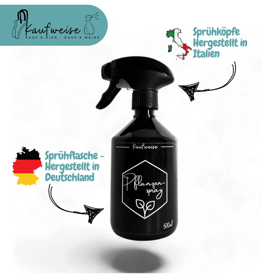 Eine schwarze, nachfüllbare Sprühflasche für Pflanzen 500 ml mit der Aufschrift „Nachfüllbare Sprühflasche für Pflanzen 500 ml“ wird mit Symbolen und Text angezeigt, die darauf hinweisen, dass die Sprühköpfe in Italien und die Flaschen in Deutschland hergestellt werden. In der Ecke ist das Kaufweise-Logo zu sehen, das das Engagement für Pflanzenpflege unterstreicht.