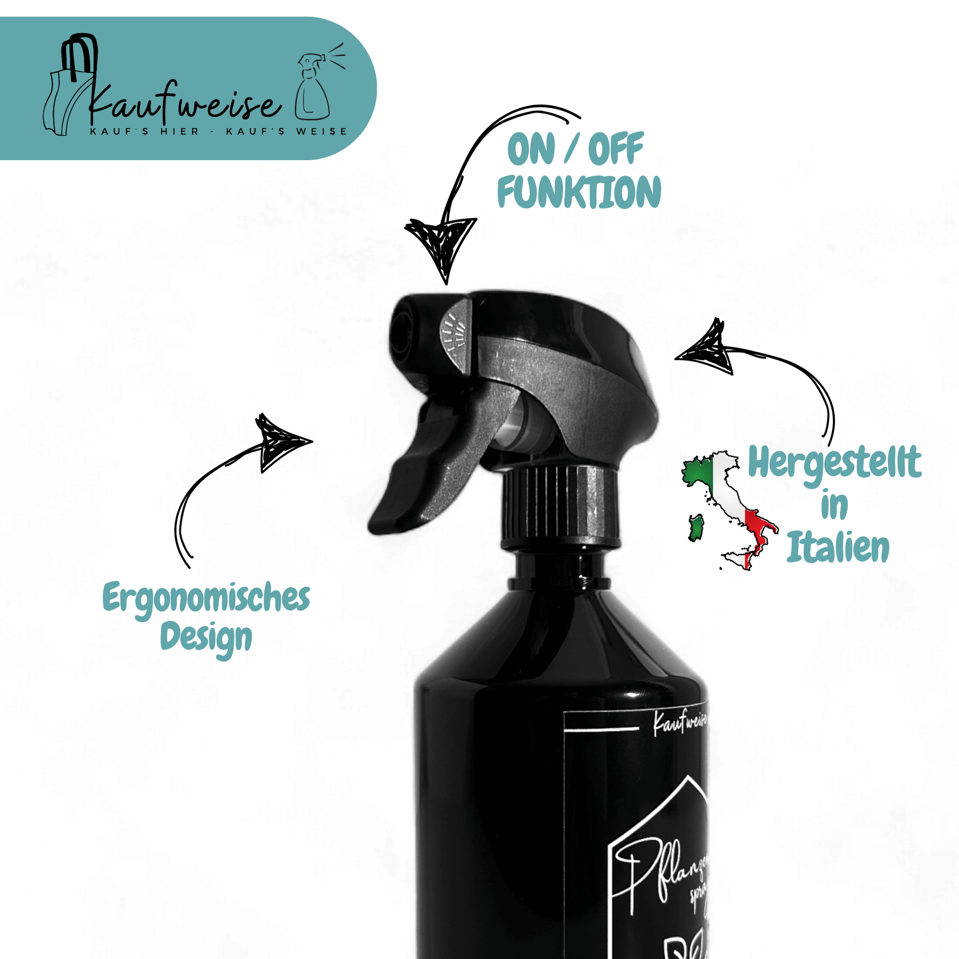 Abgebildet ist eine schwarze nachfüllbare Sprühflasche für Pflanzen 500 ml mit einer Sprühdüse, perfekt für die Pflanzenpflege. Der Text auf dem Bild hebt das ergonomische Design, die An-/Aus-Funktion und das Fassungsvermögen von 500 ml hervor. Hergestellt in Italien, in der oberen Ecke befindet sich das Logo „Kaufweise“. Die Flasche steht auf einem weißen Hintergrund.