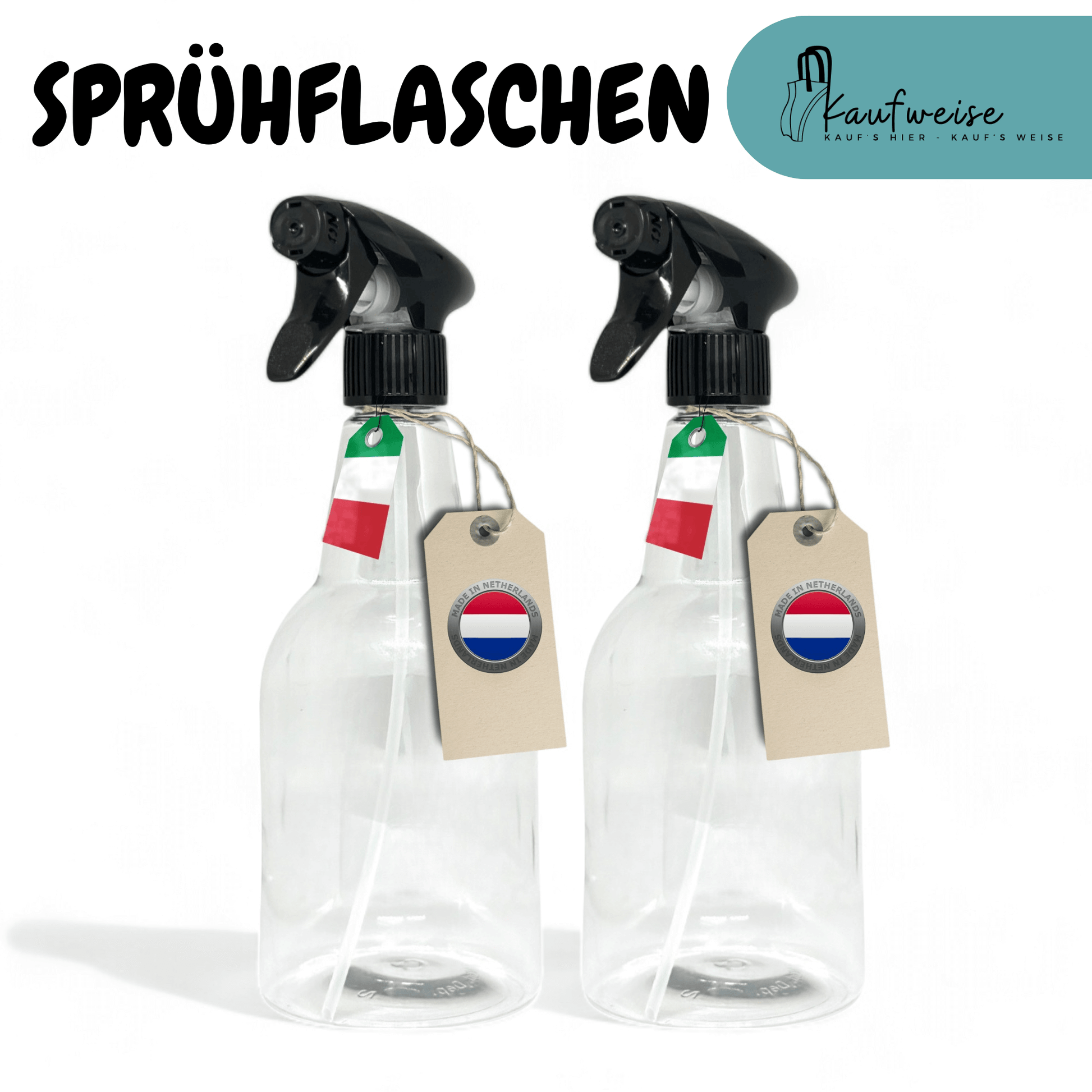 Ein Set aus zwei transparenten 750-ml-Sprühflaschen von Kaufweise verfügt über schwarze Düsen und Etiketten mit einem kreisförmigen Flaggendesign. Der fettgedruckte Text „Sprühflaschen“ steht oben und oben rechts auf weißem Hintergrund befindet sich ein Logo mit Text.