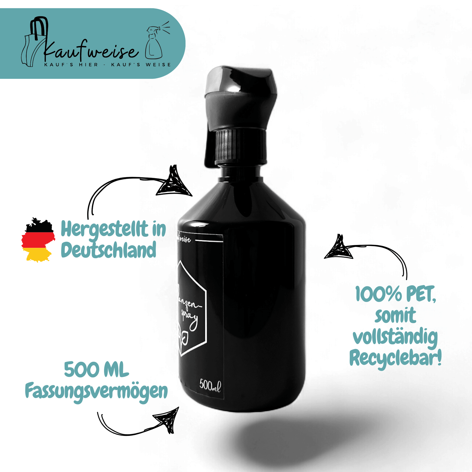 Eine schwarze 500-ml-Sprühflasche vor weißem Hintergrund. Der Text lautet: „Kaufweise“ oben links mit einer Sprühflaschengrafik, „Hergestellt in Deutschland“ mit einer deutschen Flagge, „500 ML Fassungsvermögen“ und „100 % PET, somit vollständig recyclebar!“ Perfekt für die Pflanzenpflege als nachfüllbare Sprühflasche für Pflanzen von Kaufweise!