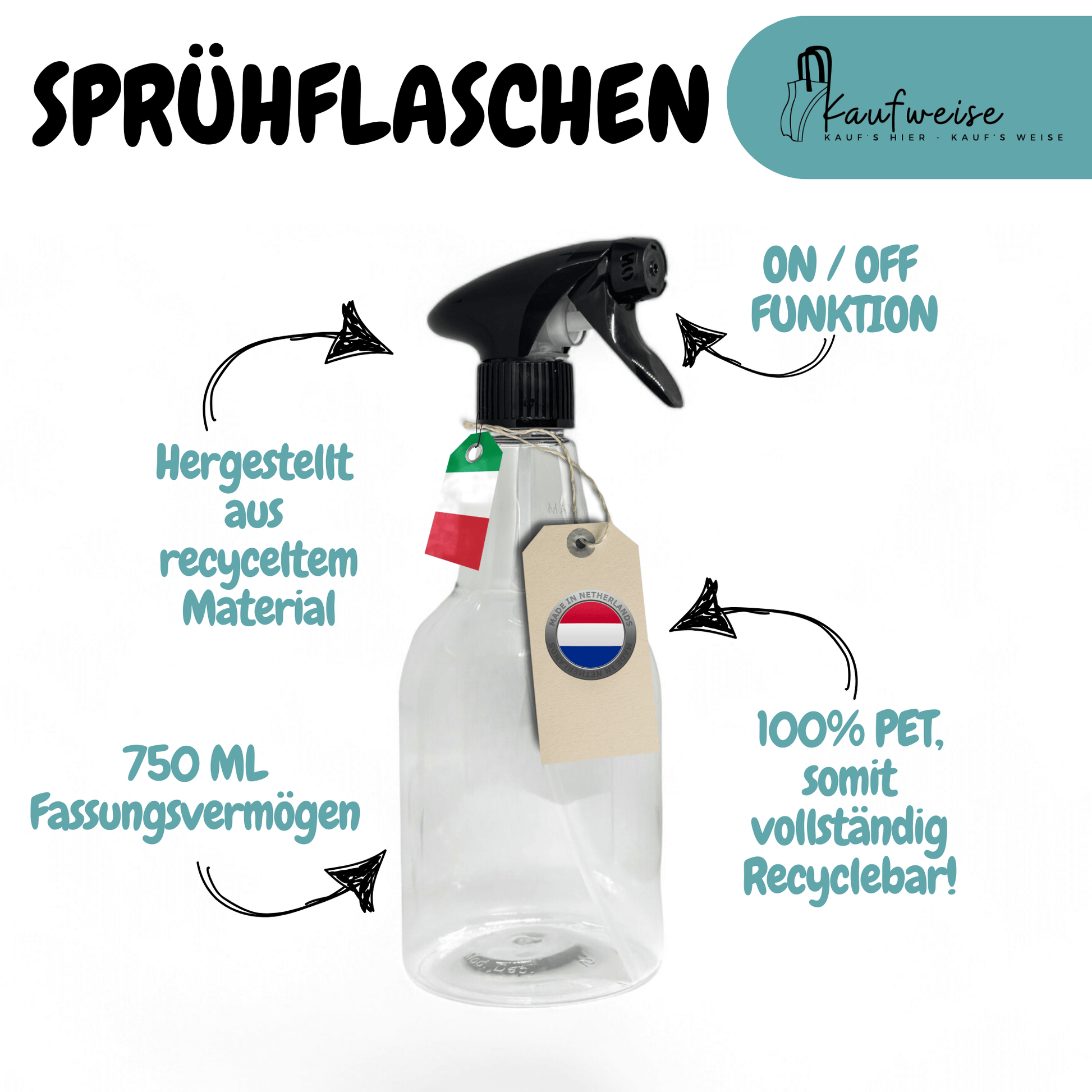 Bild der 750-ml-Sprühflasche von Kaufweise mit schwarzer Düse und niederländischem Flaggenetikett. Zu den Highlights gehören recyceltes Material, vollständige Recyclingfähigkeit und eine An-/Aus-Funktion. Titel: „2er Set Transparente Sprühflasche 750 ml – zum Bügeln, Putzen oder für Pflanzen.