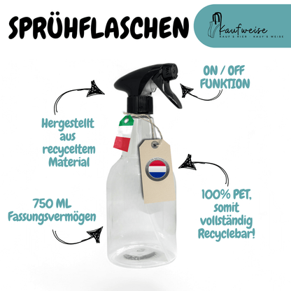 Bild der 750-ml-Sprühflasche von Kaufweise mit schwarzer Düse und niederländischem Flaggenetikett. Zu den Highlights gehören recyceltes Material, vollständige Recyclingfähigkeit und eine An-/Aus-Funktion. Titel: „2er Set Transparente Sprühflasche 750 ml – zum Bügeln, Putzen oder für Pflanzen.