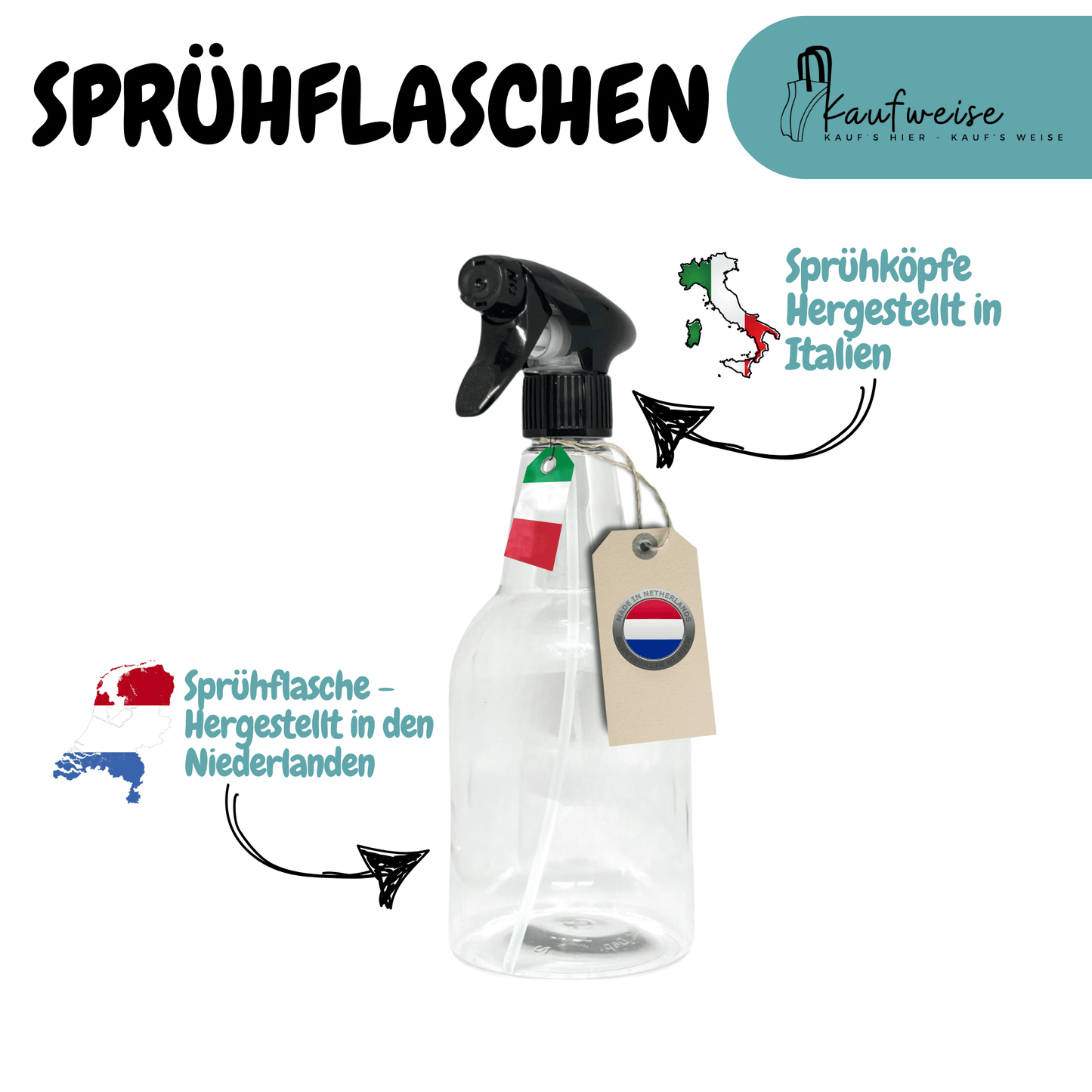 Bild eines 2er-Sets transparenter Sprühflaschen mit jeweils 750 ml Fassungsvermögen und der Aufschrift „Sprühflaschen“. Die Sprühköpfe werden in Italien hergestellt und die Flaschen kommen aus den Niederlanden. Die Szene enthält ein Etikett mit der niederländischen Flagge und wird durch ein „Kaufweise“-Logo vervollständigt.