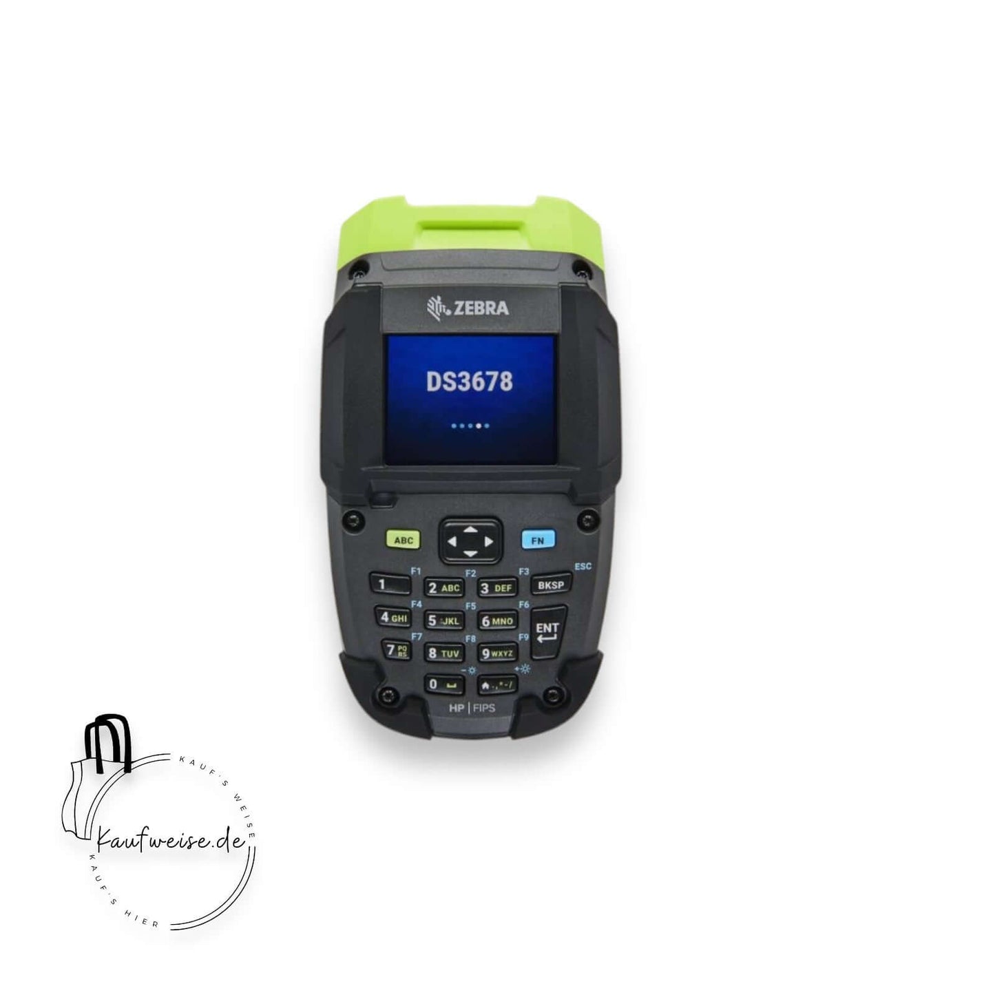 Ein tragbarer Bluetooth-1D/2D-Barcodescanner namens Zebra DS3678-KD mit Bildschirm und mehreren Tasten. Der Scanner hat eine grüne Oberseite und zeigt stolz die Marke „Zebra“, hervorgehoben durch ein Logo mit einem Einkaufstaschensymbol mit Text in der unteren linken Ecke.