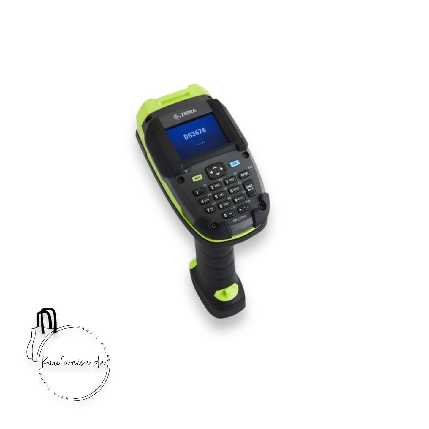 Der Zebra DS3678-KD Bluetooth 1D/2D Barcode-Scanner ist ein robustes Handgerät mit Display und Tastatur, das durch seine grünen Akzente und das Markenetikett hervorgehoben wird. Es verfügt über Bluetooth-Konnektivität zum Scannen von Barcodes, alles auf einem weißen Hintergrund mit einem Logo, das ein Einkaufstaschensymbol und darunter den Text „kaufweise.de“ enthält.