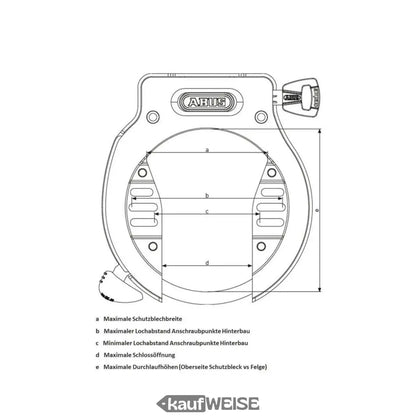 Linienzeichnung des Fahrradrahmenschloss mit Schlüsselmaßen für ABUS 6950M Schwarz