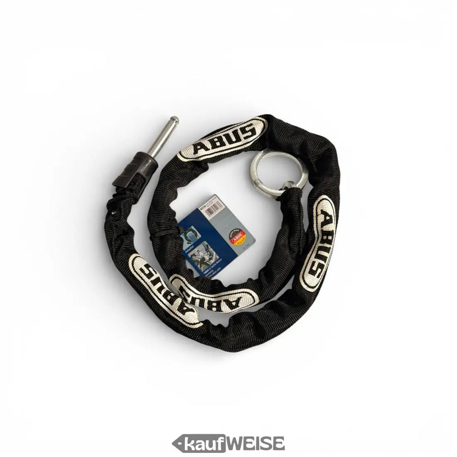Schwarze Abus Kette mit Silberring und Pin, weißes Branding auf Stoff-Links, 100cm Adaptor für Rahmenschlösser