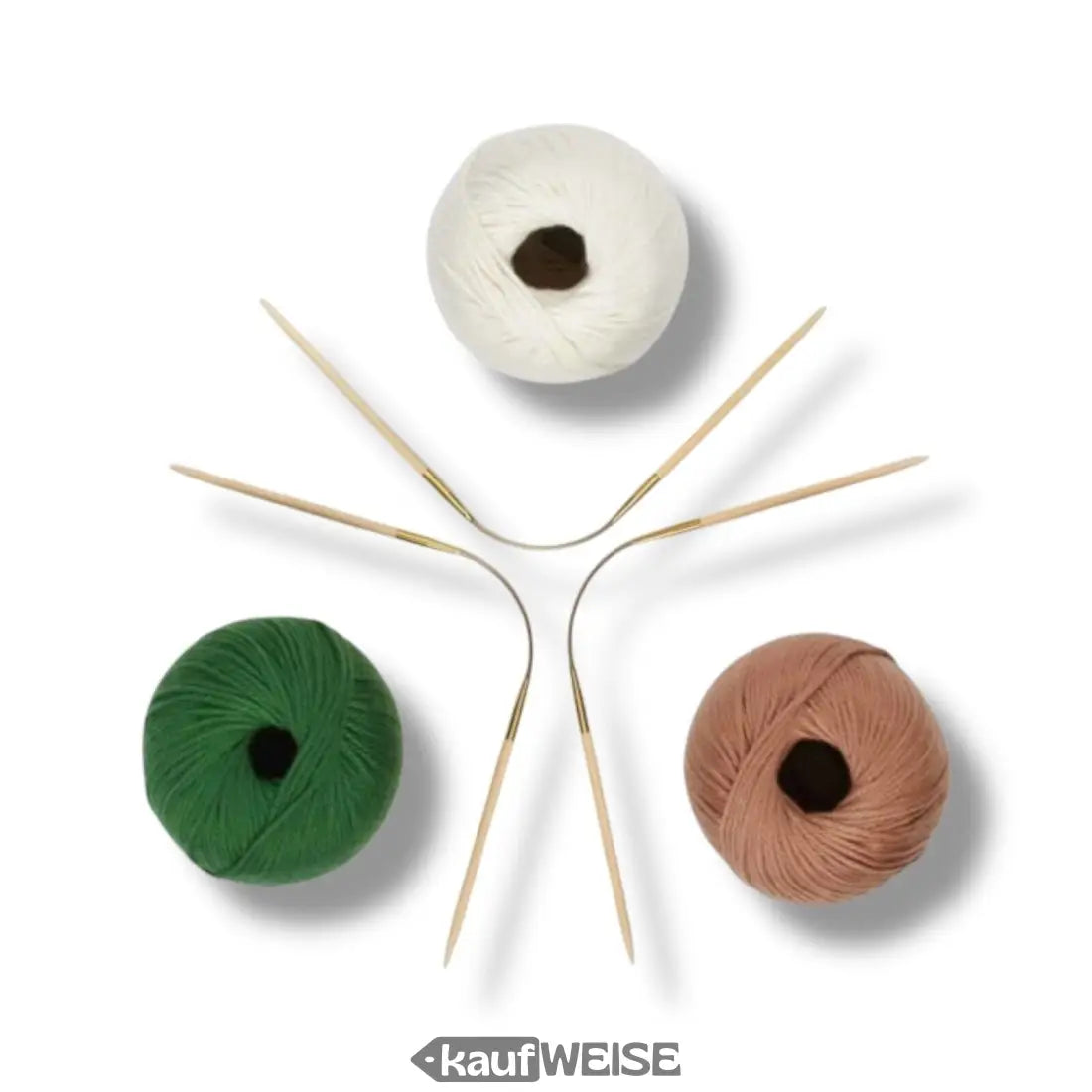 Knitting needles and colorful yarn balls for the Addi CraSyTrio Bamboo set