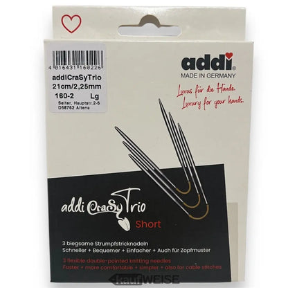Addi CraSyTrio 21 cm kurze Stricknadeln in der Verpackung für Sockenstricken