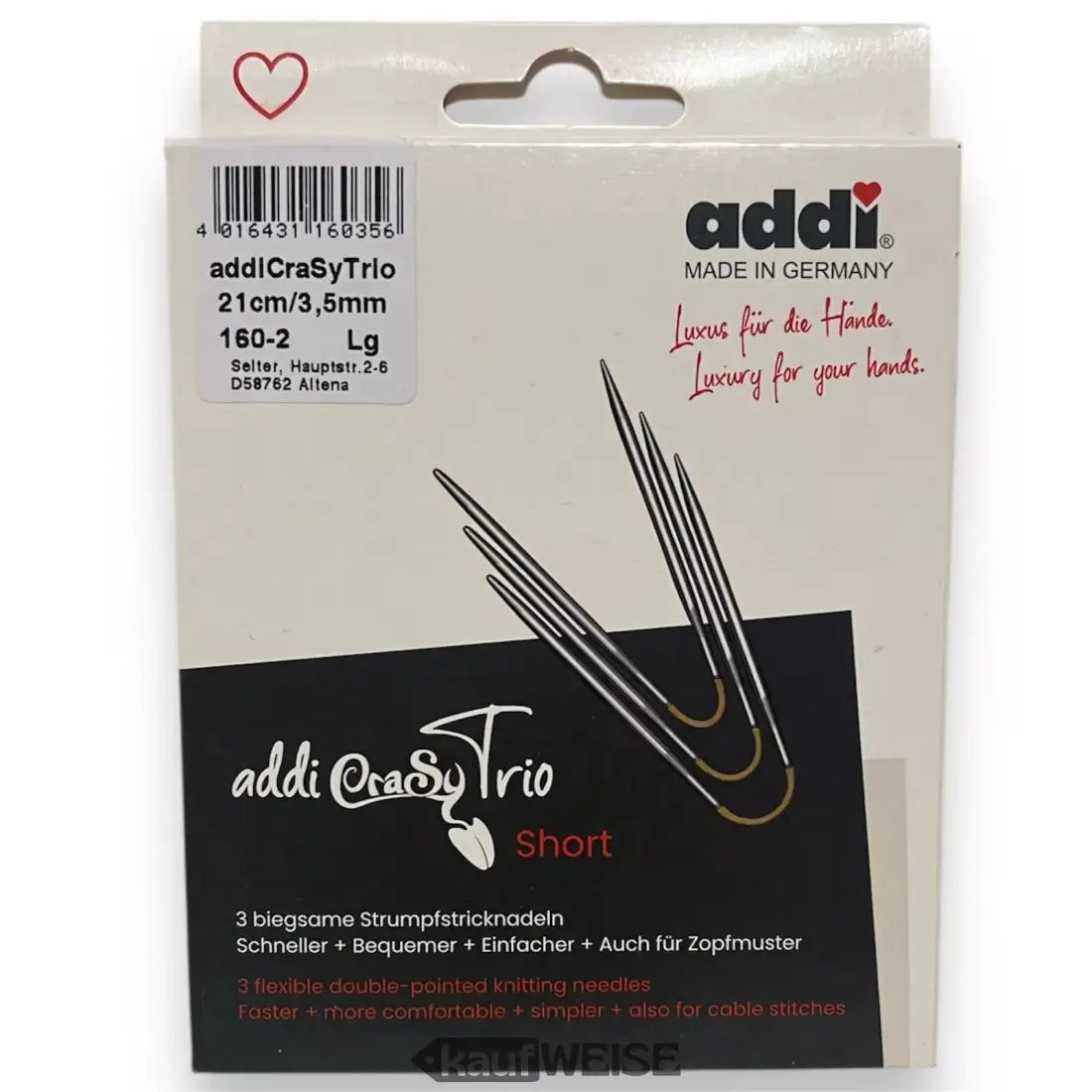 Addi CraSyTrio kurze Stricknadeln Verpackung für Sockenstricken 21 cm Set